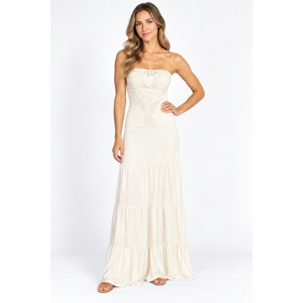 Sky Ivory Strapless Crochet Lace Tiered Maxi Dress Large